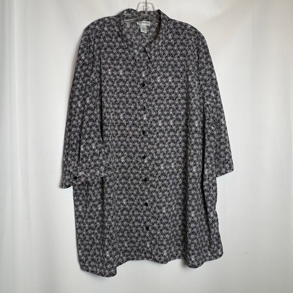 Catherines Womens 2X 22/24W Black Floral Button Front Tunic Shirt 3/4 Sleeve‎